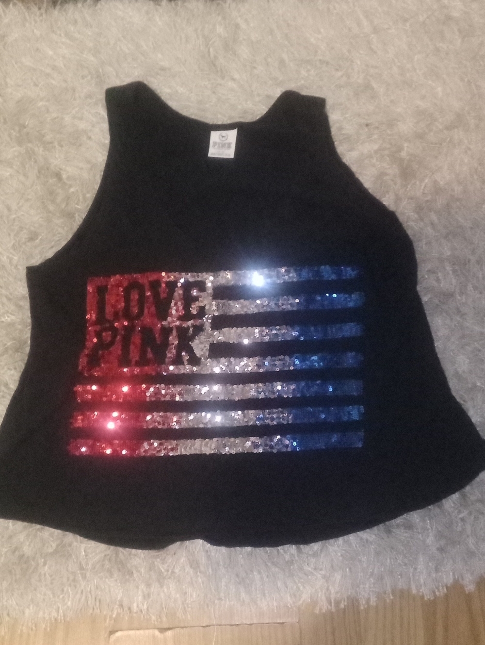 PINK Victoria's Secret Black Sequin Flag Tank with Red, Silver & Blue Accents
